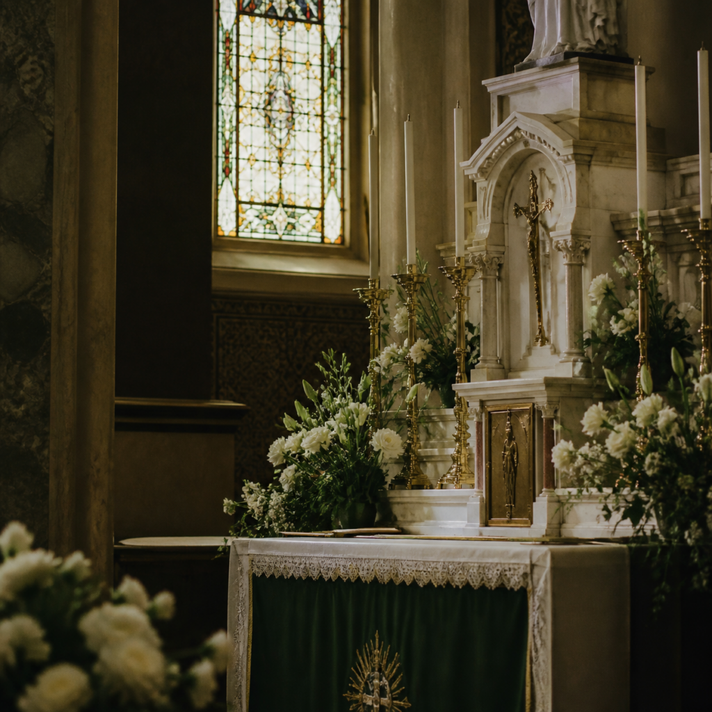 Altar lateral con flores blancas