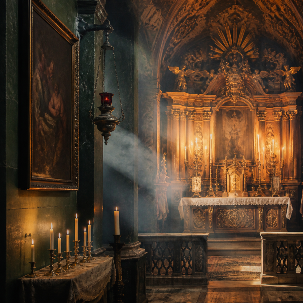 Capilla en silencio y luz de velas