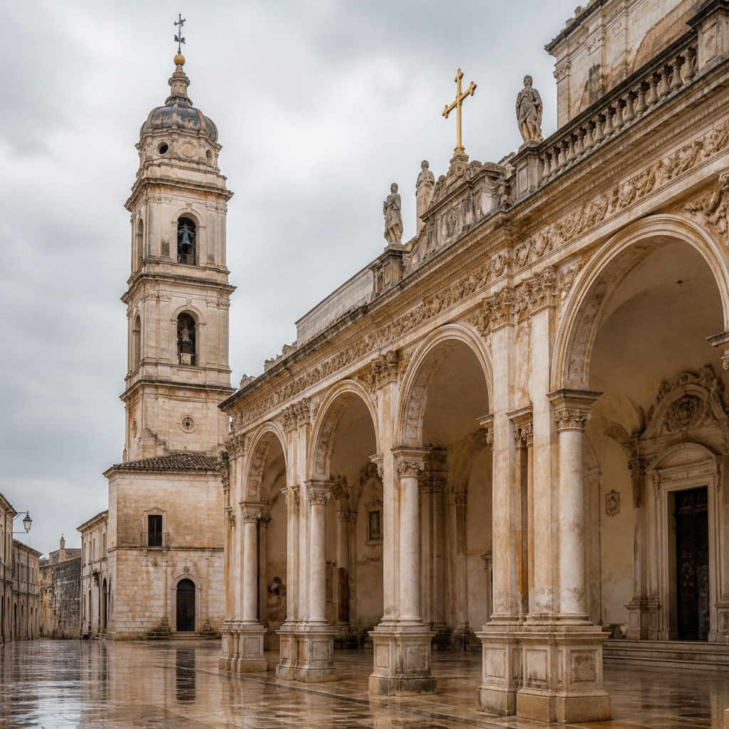 Pórtico histórico de iglesia después de la lluvia