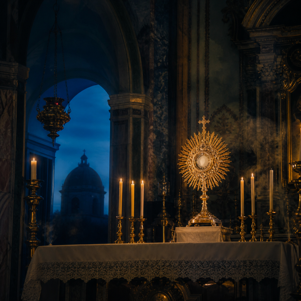 Altar eucarístico iluminado por velas
